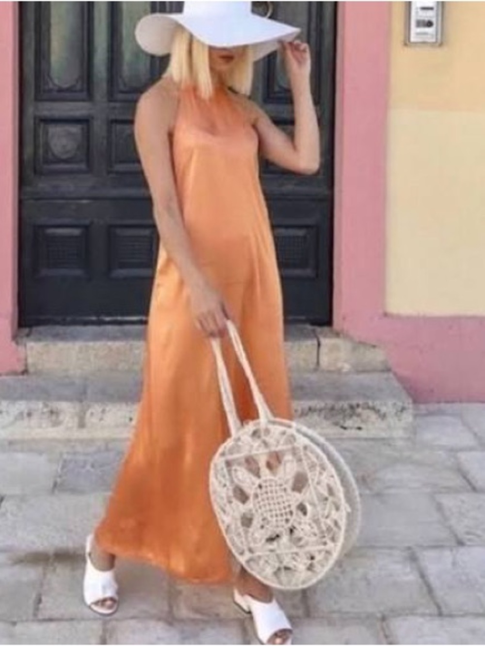 Zara Peach-Orange Satin Halter Maxi Dress
